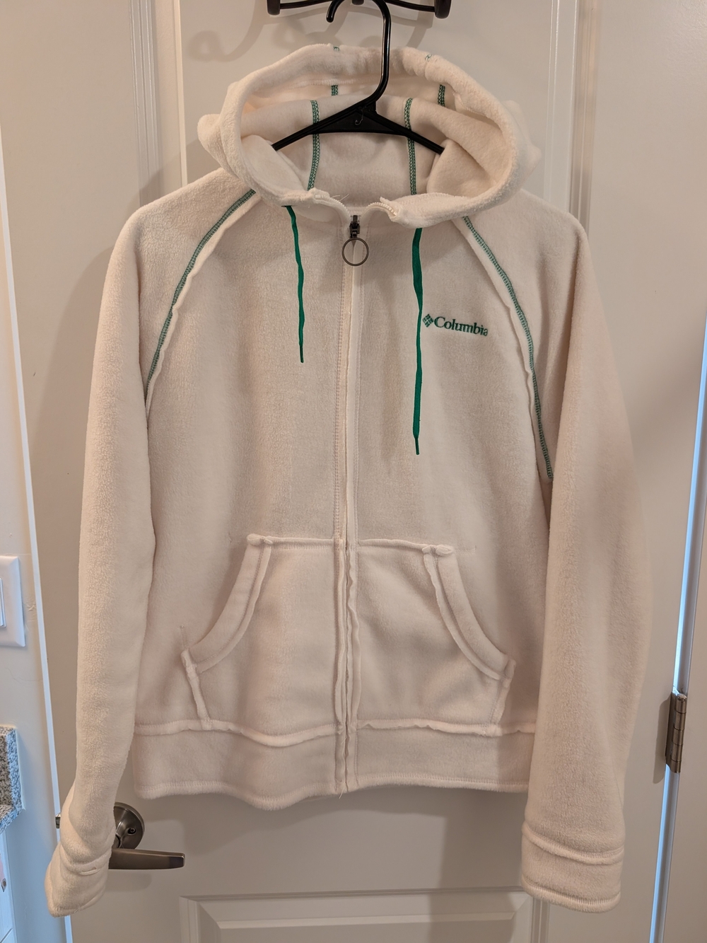 Women's Cream Columbia Fleece Zip Up Hoodie with Green Accents